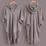 WRAP Hooded Loom Knit Cloak Poncho with Fringe