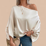 BLUSA Satin Asymmetrical Shoulder Lantern Sleeve Blouse Top