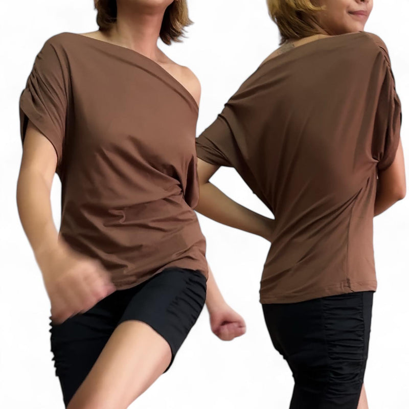 BLUSA Mocha Mousse One Shoulder Drop Ruched Batwing Blouse Top