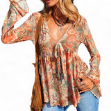 GYPSY Boho Floral Printed Mesh V Neck Peplum Flare Long Sleeves Top