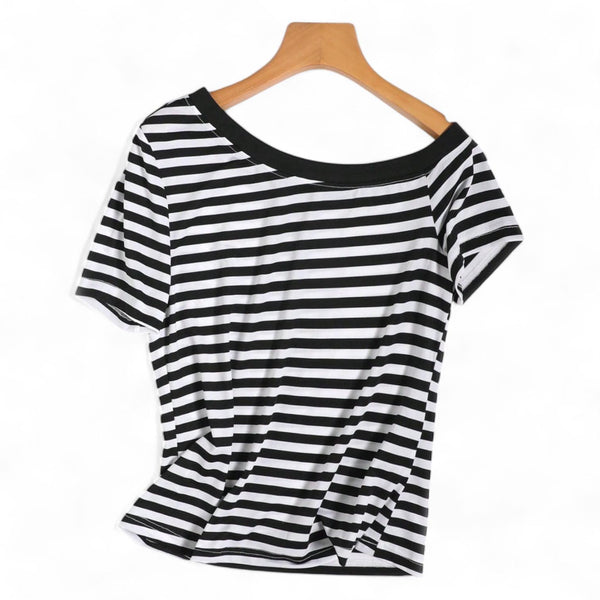 BLK Knit Stripes Assymetrical Basic Tee Top