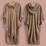 WRAP Hooded Loom Knit Cloak Poncho with Fringe