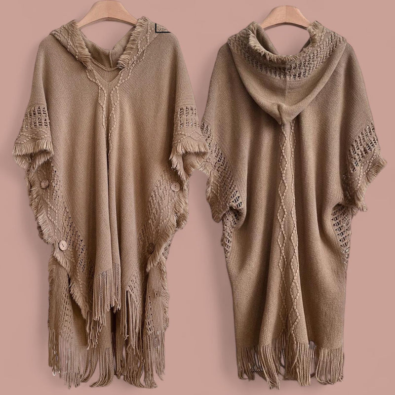 WRAP Hooded Loom Knit Cloak Poncho with Fringe