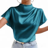 BLUSA Ruched Pattern Mock Neck Blouse Top