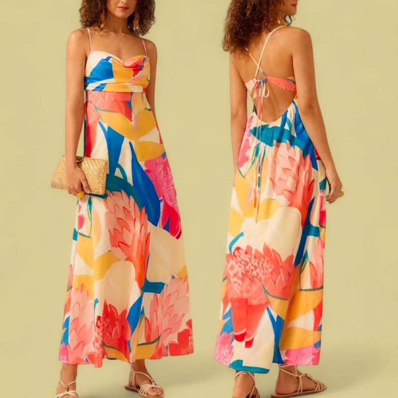 GYPSY Tropical Printed Hollow Out Empire Tie Back Long Dress