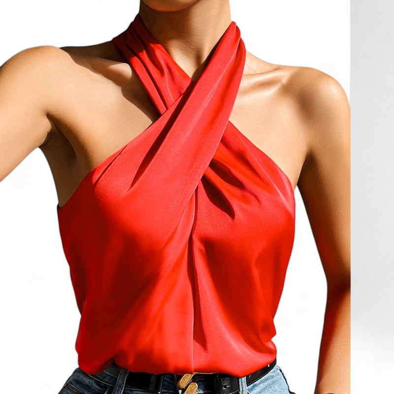 GBOSS Vibrant Satin Criss Cross Halter Elegant Top