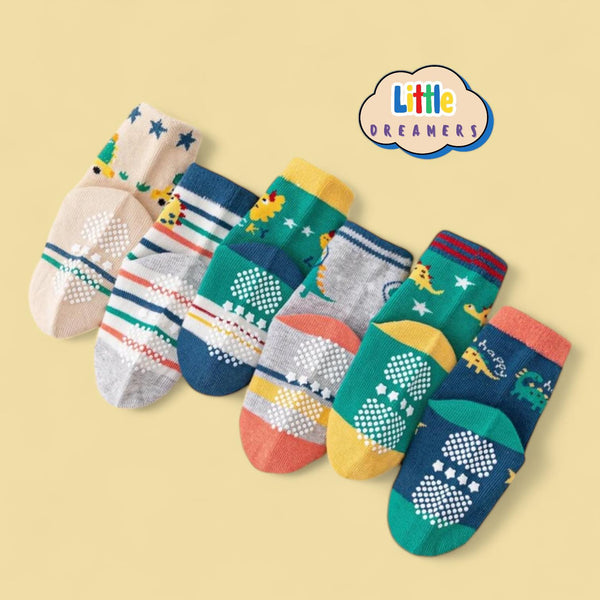 LITTLE DREAMERS 6Pairs Dinosaur Pattern Baby Socks w Anti Slip