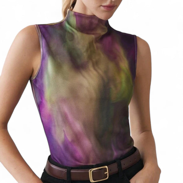 GYPSY Mesh Gradient Print Mock Neck Sleeveless Top