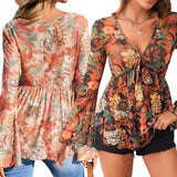 GYPSY Boho Floral Printed Mesh V Neck Peplum Flare Long Sleeves Top