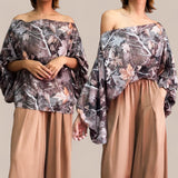 GYPSY Floral Printed Asymmetrical Shoulder Lantern Sleeve Blouse Top