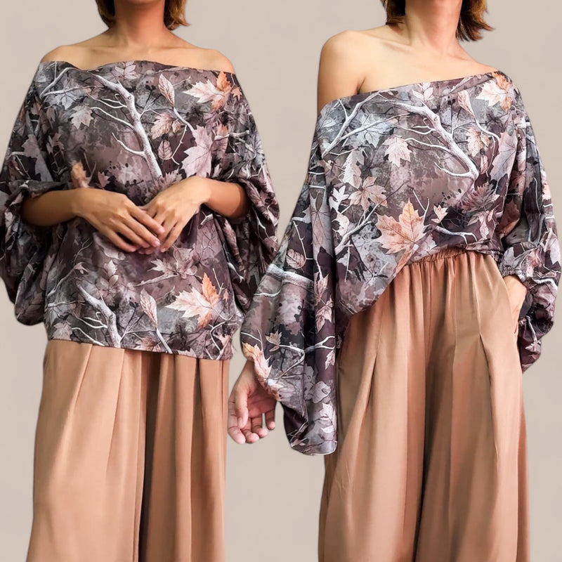 GYPSY Floral Printed Asymmetrical Shoulder Lantern Sleeve Blouse Top