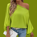 BLUSA Asymmetrical Shoulder Lantern Sleeve Blouse Top