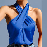 GBOSS Vibrant Satin Criss Cross Halter Elegant Top