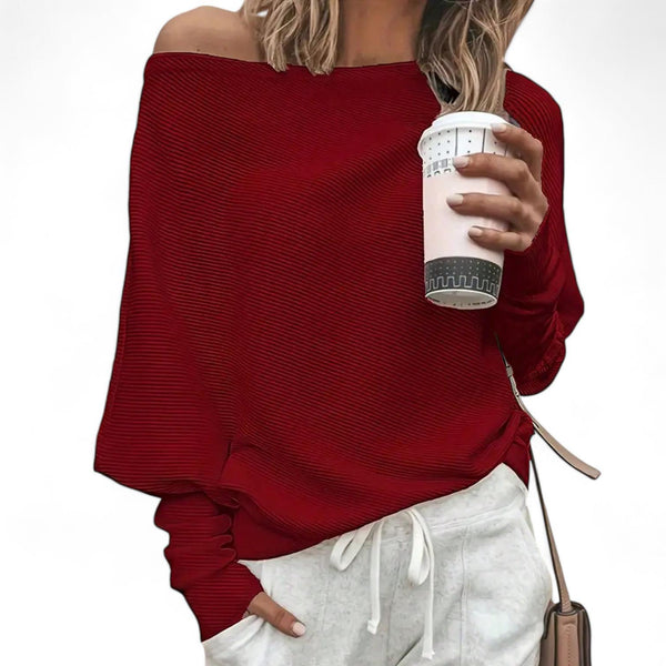 BLUSA Ribbed Assymetrical Shoulder Dalmon Sleeve Blouse Top