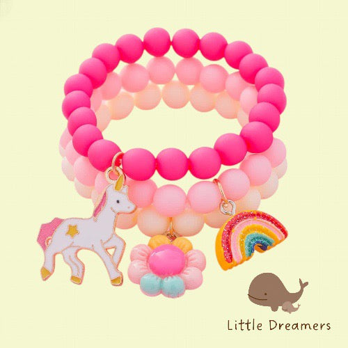 LITTLE DREAMERS Girls Charm Bead Bracelet Rainbow Unicorn Floral Accent