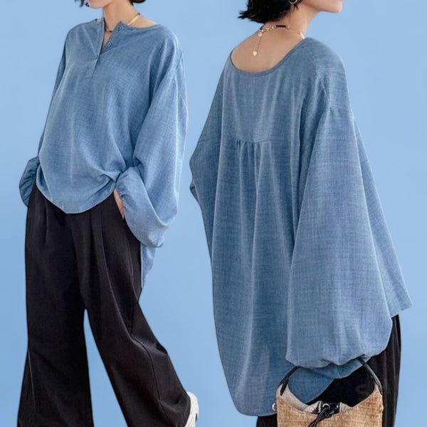 GBOSS Woven Loos Drop Shoulder Long Bishop Sleeve Blouse Top