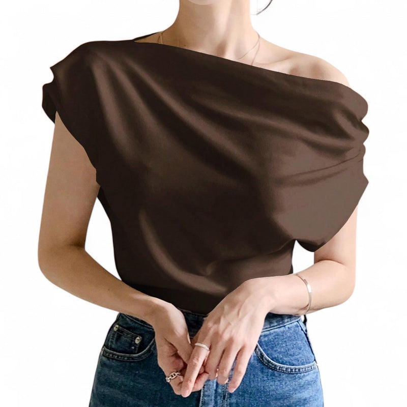 BLUSA Mocha Mousse One Shoulder Drop Ruched Batwing Blouse Top