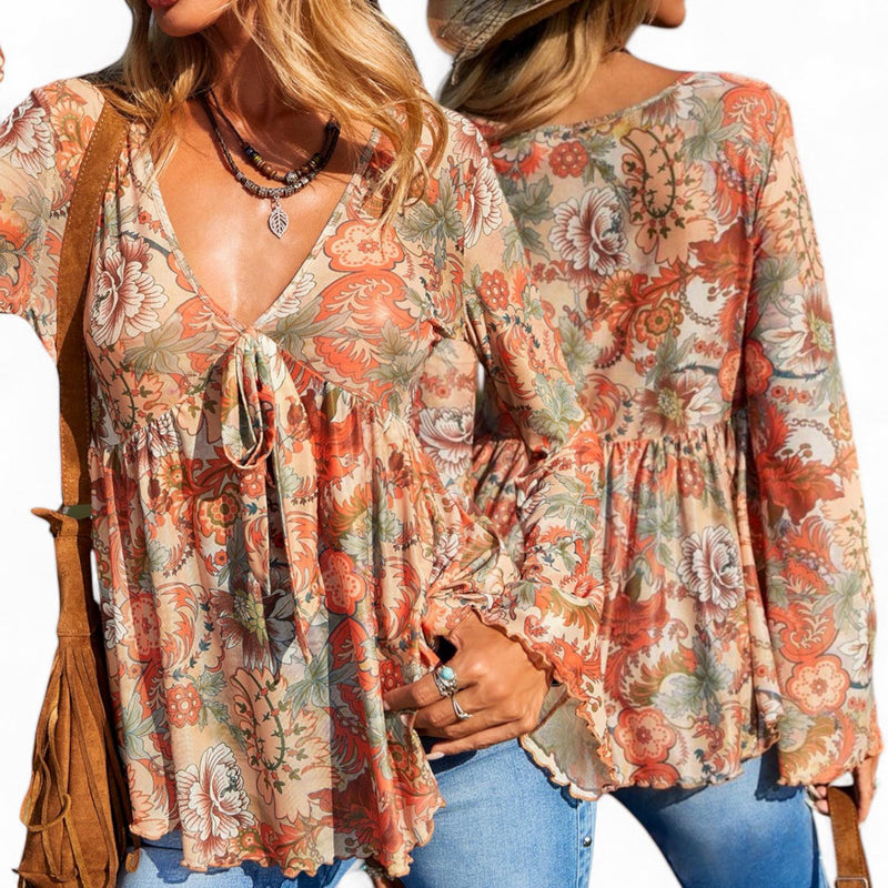 GYPSY Boho Floral Printed Mesh V Neck Peplum Flare Long Sleeves Top