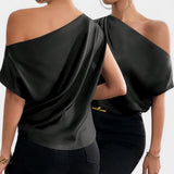 BLUSA Silky Venus Neck Ruched Shoulder Blouse Top