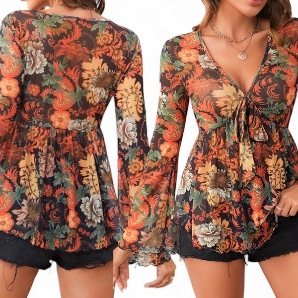 GYPSY Boho Floral Printed Mesh V Neck Peplum Flare Long Sleeves Top