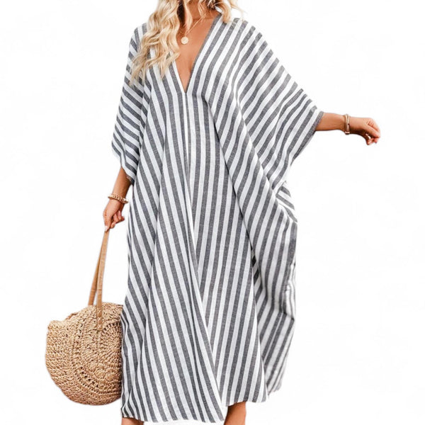 HAMPTONS Vertical Stripe Low V Batwing Long Loose Resort Dress