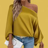 BLUSA Satin Asymmetrical Shoulder Lantern Sleeve Blouse Top