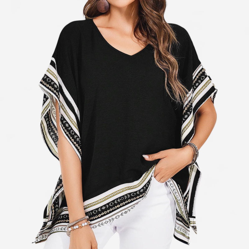 GYPSY Boho Edge Print Loose V Neck Hankerchief Top