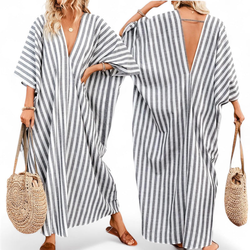 HAMPTONS Vertical Stripe Low V Batwing Long Loose Resort Dress