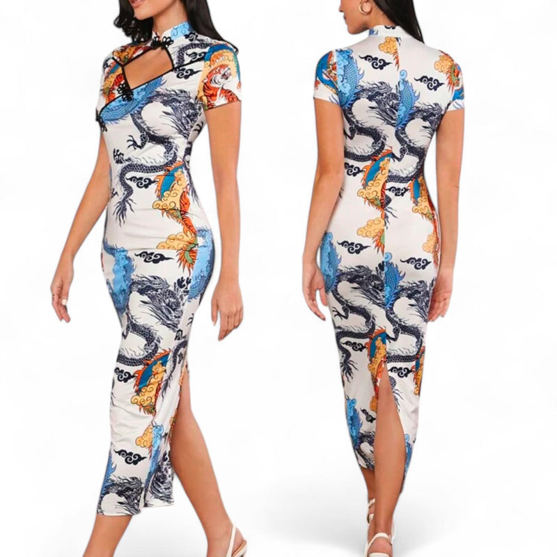 GYPSY Eastern Style Cheongsam Dragon Print Body Long Dress