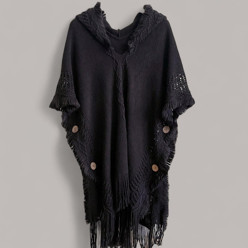 WRAP Hooded Loom Knit Cloak Poncho with Fringe