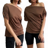 BLUSA Mocha Mousse One Shoulder Drop Ruched Batwing Blouse Top