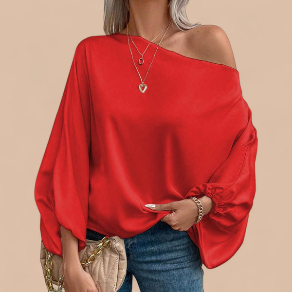 BLUSA Asymmetrical Shoulder Lantern Sleeve Blouse Top