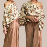 GYPSY Floral Printed Asymmetrical Shoulder Lantern Sleeve Blouse Top