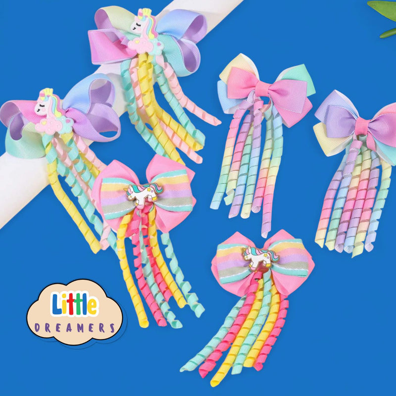 LITTLE DREAMERS Rainbow Curly 2pcs Ribbon Clip Hair Accessories for Kids