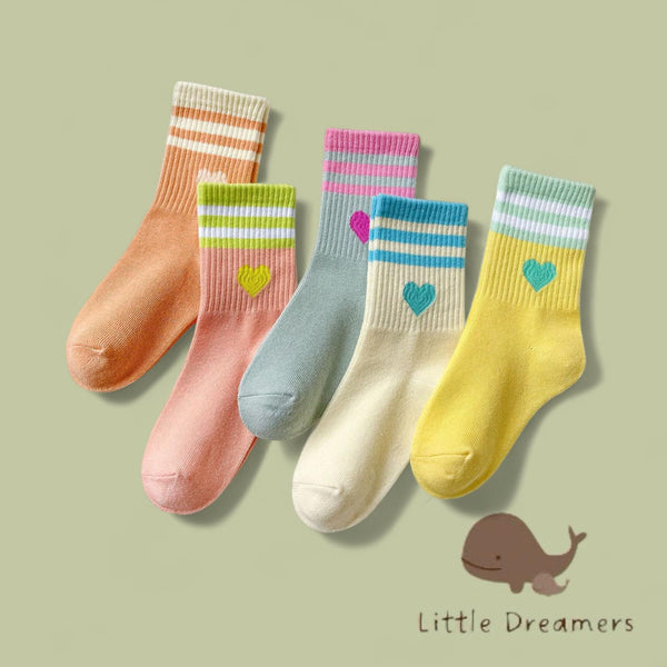 LITTLE DREAMER 5 Pairs Candy Color Heart Stripes Design Socks Set for Kids