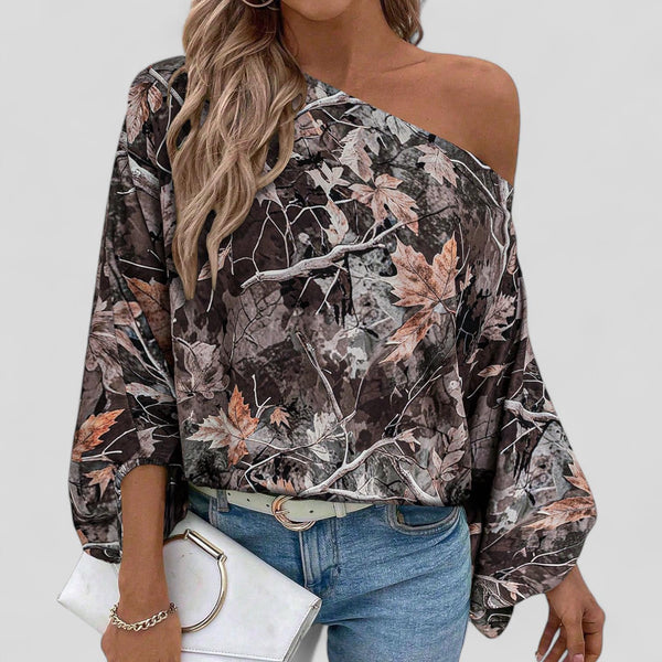 GYPSY Floral Printed Asymmetrical Shoulder Lantern Sleeve Blouse Top