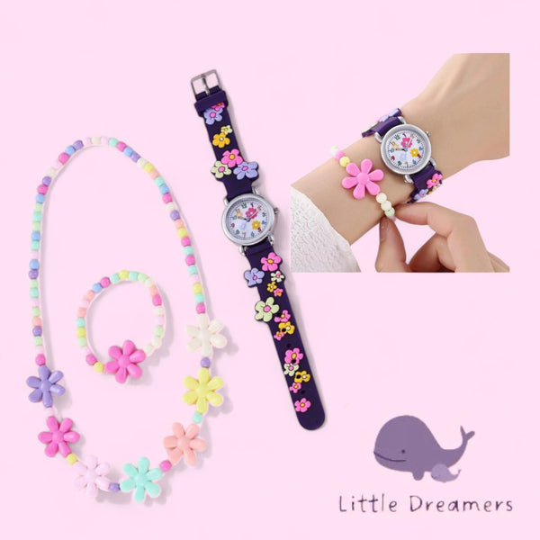 LITTLE DREAMER 3pcs Set Funky Colorful Floral Silicone Watch Bracelet Necklace for Girls