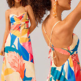 GYPSY Tropical Printed Hollow Out Empire Tie Back Long Dress