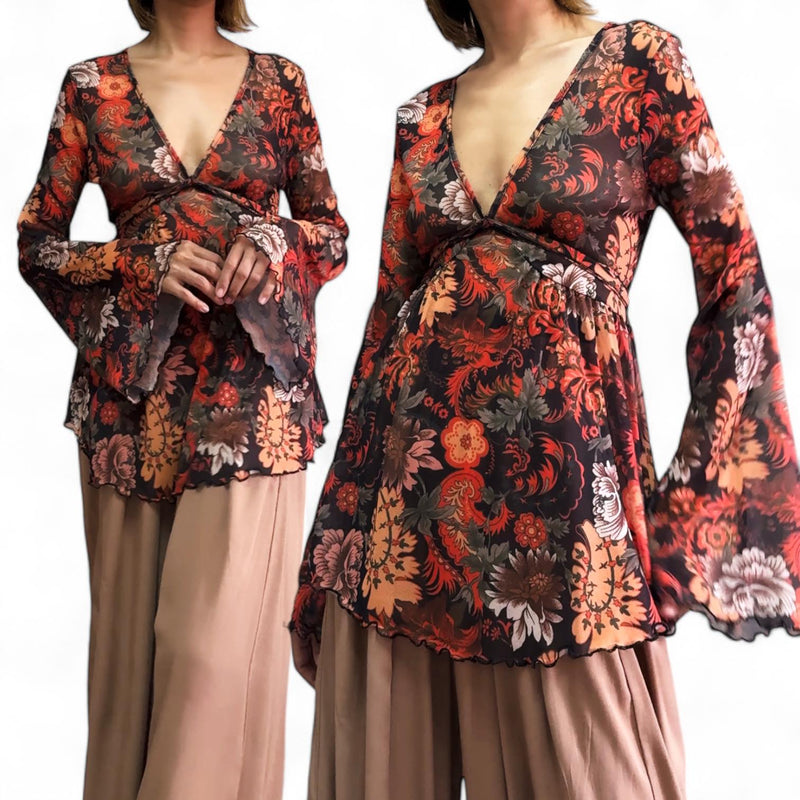 GYPSY Boho Floral Printed Mesh V Neck Peplum Flare Long Sleeves Top