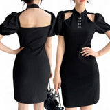 BLK Eastern Style Mock Neck Puff Sleeve Short Black Dress