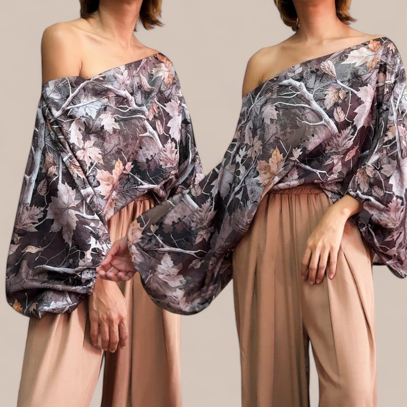 GYPSY Floral Printed Asymmetrical Shoulder Lantern Sleeve Blouse Top