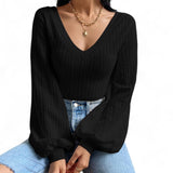 BLUSA Textured V Neck Bishop Sleeve Fitted Blouse Top