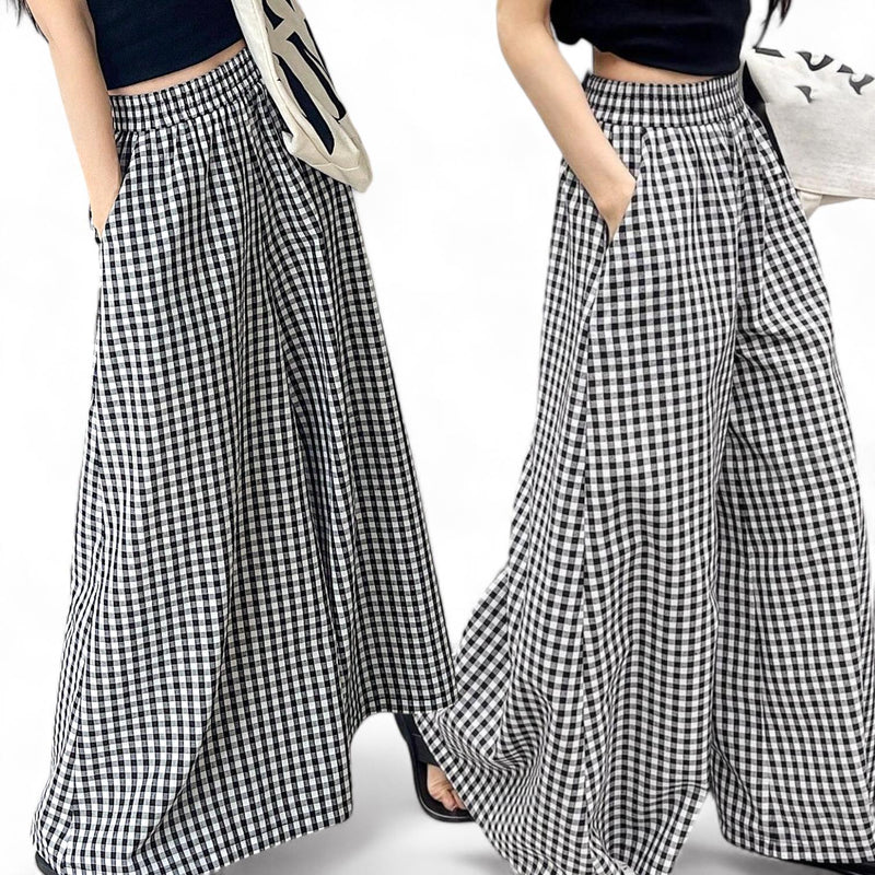 BLK Woven Gingham Checkered Elastic Waist Wide Leg Casual Pants