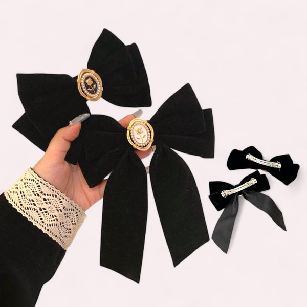 ROYALTEA 2pc Vintage Black Bow Barette Hair Clip