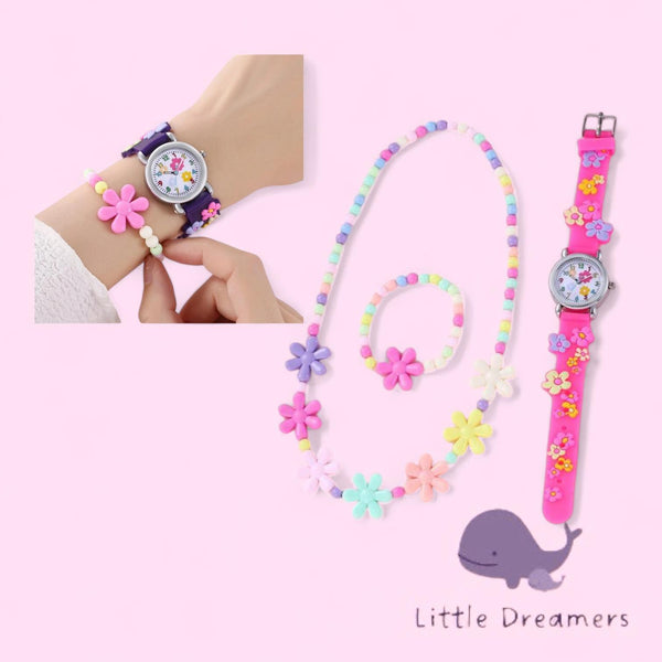 LITTLE DREAMER 3pcs Set Funky Colorful Floral Silicone Watch Bracelet Necklace for Girls