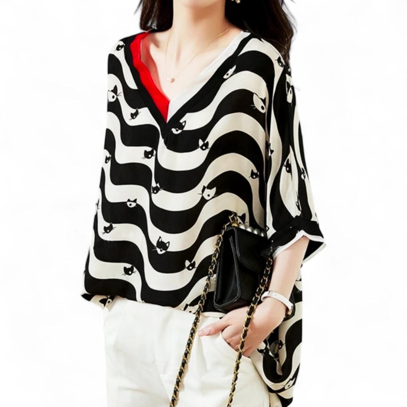 GYPSY Cat Stripes V Neck Batwing Loose Top