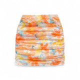 GYPSY Romantic Abstract Printed Ruched Mesh Short Skirt