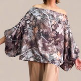 GYPSY Floral Printed Asymmetrical Shoulder Lantern Sleeve Blouse Top