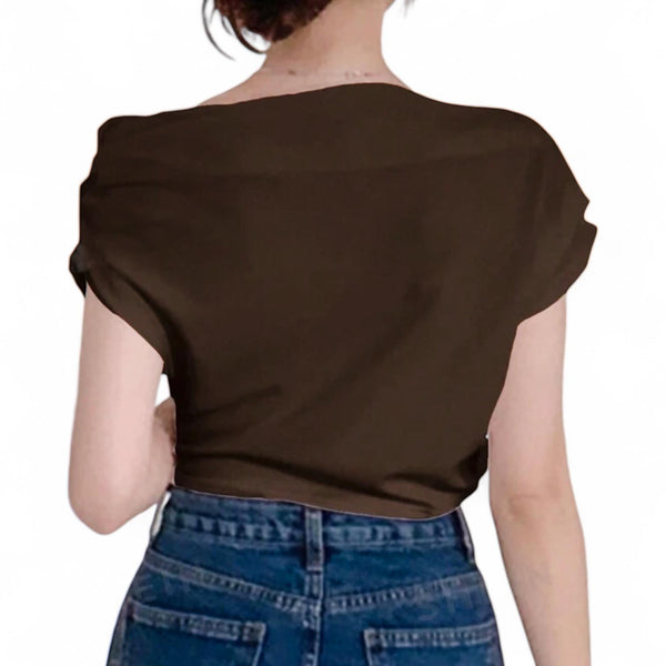 BLUSA Mocha Mousse One Shoulder Drop Ruched Batwing Blouse Top