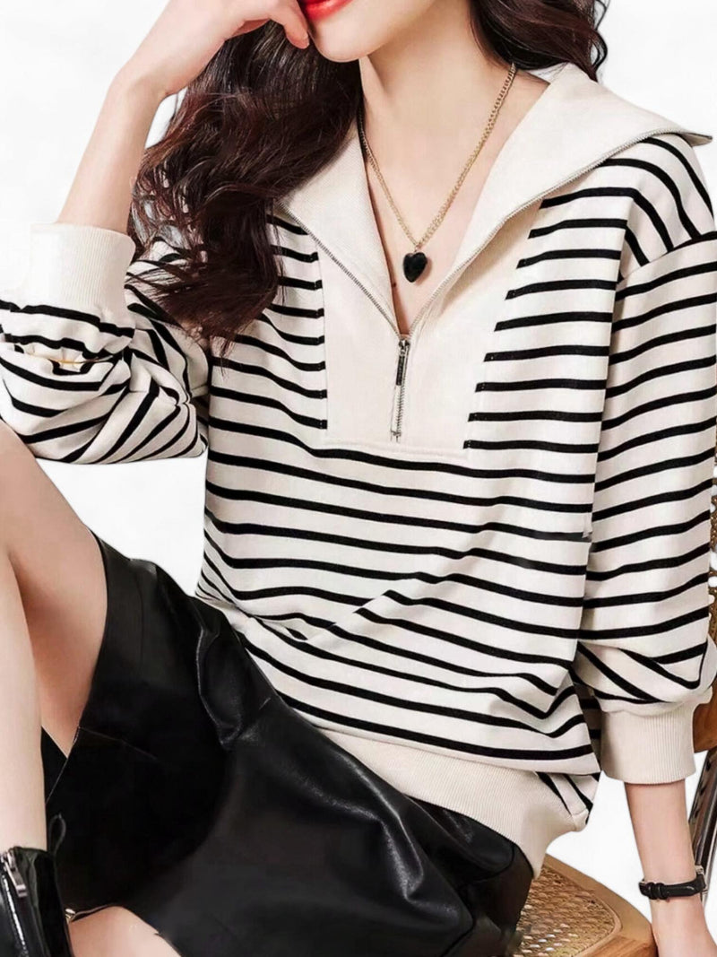 LOOM Stripes Knitted Zip Up Collar Long Sleeves Sweater Top